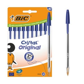 BIC Cristal Original Ballpoint Pen with Medium Tip (1.00mm) Hexagonal Barrel and Matching Cap - Blue Cardboard Box of 10