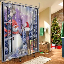 Lvetong Snowman Christmas Window Shower Curtain, Winter Scene Deer Shower Curtains for Bathroom Decor Snow Elk Bath Curtain Set, Waterproof Fabric with Hooks (70''W x 72''L)