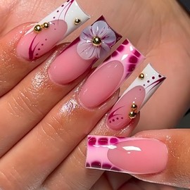 Square Press on Nails Medium Fake Nails French False Nails Pink Artificial Nails Flowers Cute Nails Stick on Nails for Women 24pcs