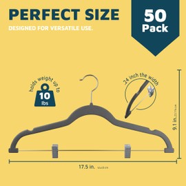 Lifemaster Velvet Skirt Hangers – with Adjustable Clips, 360 Degree Swivel Hook, and Non-Slip Shoulder Notch, Holds Up to 10 lbs, for Organizing Skirt, Pants, Dress, and Clothes, Pack of 50, Gray