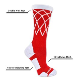 Youper Elite Basketball Socks (2 Pairs) with Basketball Logo & Net, Athletic Crew Socks for Men, Boys, Women & Girls (Red Net/Basketball, Large)