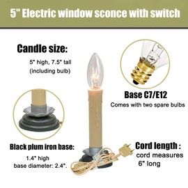 Set of 4 Christmas Electric Window Candles, 5 Inch Window Candle Lamps with 7 Watt Light Bulbs, Plug in Electric Country Candles with Black Plum Iron Base, Turn On/Off Switch Candlesticks, Ivory Cord