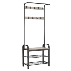 VASAGLE Coat Rack, Hall Tree with Shoe Bench for Entryway, Entryway Bench with Coat Rack, 4-in-1, with 9 Removable Hooks, a Hanging Rod, 13.3 x 28.3 x 72.1 Inches, Greige and Black UHSR40MB