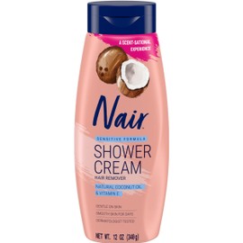 Nair Sensitive Shower Cream Hair Remover with Natural Coconut Oil and Vitamin E, Body Hair Removal Cream, 12 oz