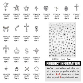 100PCS Star Nail Charms for Acrylic Nails Silver Cross Heart Flower Bow Nail Art Charms Metal Alloy Rhinestones for Women Nail Jewels Nail Art Supplies Craft DIY Accessories