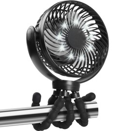 Hianjoo Kinderwagen Ventilator mit LED Leicht, 10000mAh Kleiner Tischventilator Camping Ventilator, 360° Drehung Tragbarer Wiederaufladbar Ventilator für Camping Zelte Hause Büro - Schwarz