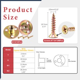 Hilitchi 64Pcs M10 Brad Hole Tee Nut Carbon Steel Screw in T Nuts Round Base Mounting Hardware Fitting Fastener Flange Insert Female Thread with Screws (M10-64PCS)