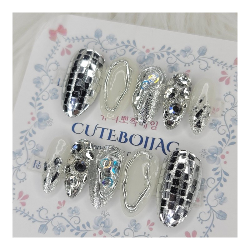 Multi Silver Handmade Nail Tips - Almond M / 멀티