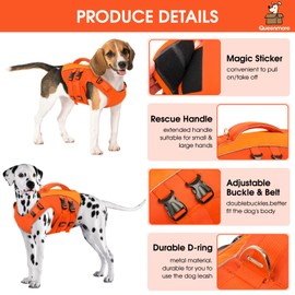 Queenmore Dog Life Jacket,Pet Life Vest for Swimming,Adjustable Reflective Pet Swimming Vest,High Buoyancy Dog Life Jacket,Pet Life Preserver(Orange,L)