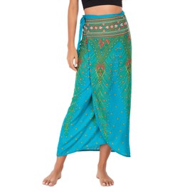 Eyanse Boho Wrap Skirt Sarong Wraps for Women Green Blue Beach Cover up Womens Bathing Suit Cover Ups Trendy Vacation Clothes Summer Hawaiian Skirts Bohemian Pool Sarongs Printed