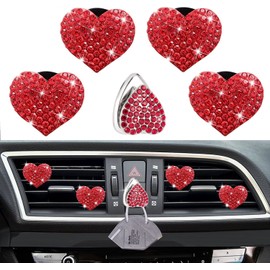 4 Pcs Bling Heart Air Vent Clips, Crystal Car Air Fresheners Vent Clips Rhinestone Car Diffuser Vent Clip Charm with Heart Shaped Car Adhesive Hooks Hanger and 12Pcs Unscented Refill Pads(Red)