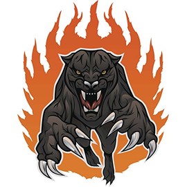 Angry Aggressive Jumping Black Panther in Fire Cartoon Vinyl Decal Sticker (12" Tall)