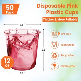 Jycnolm 50 Pcs Disposable Stemless Glasses, 12oz Plastic Wine Glasses Clear Cocktail Cold Drinking Cups for Meeting, Wedding, Christmas, Holiday Party (Pink)