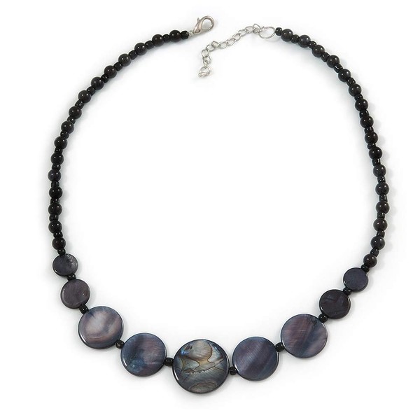 Avalaya Black Glass Bead and Grey Round Shell Necklace/44cm L/