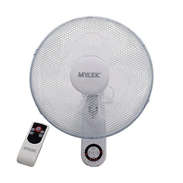 MYLEK 16" Wall Fan White - Oscillating Design with 3 Speed Settings & 2 Fan Modes - Remote Control or Manual Operation - 7.5 Hour Timer - For Homes & Offices