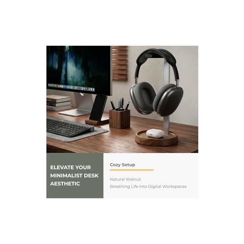 Universal Walnut Wood Headphone Stand with Storage Base