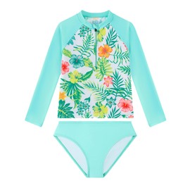 Angel season Girls Rash Guard Set Long Sleeve Swimsuit with Ruffles Skirt UPF 50+ Back Zipper Rashguard Swimwear Little Kids Bathing Suits for Summer Beach Sport Green Hawaii Size 7