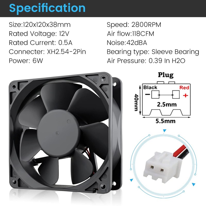 Wathai 2Pin 120mm x 38mm Brushless Cooling Case Fan 12V
