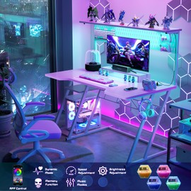 Armocity Gaming Computer Desk with Power Outlets, Gaming Desk with Hutch and LED Lights, Reversible PC Gaming Desk with Pegboard, Carbon Fiber Pink, 47"