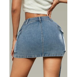LOLILRSD Women Cargo Skirt Denim Mini Low Waist Y2K Jean Skirts with Pockets(LB,L)