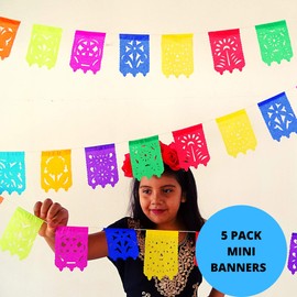 5 Pk Small Papel Picado Flags, Fiesta Banner Decorations 15 ft Long Multicolored Paper Garland with Round Scalloped Edges, Mexican Party Decorations for Cinco de Mayo, Weddings, Office Parties ws97