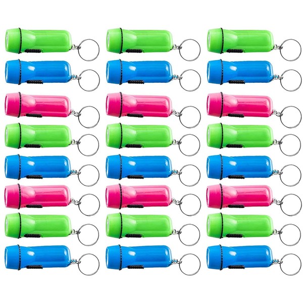Kicko Mini Flashlight Keychain - 24 Pack - Assorted Colors, Green, Light Blue and Pink, Batteries Included - for Kids, Party Favors, Goody Bag Fillers, Prizes, Pocket Size, Chain for Key