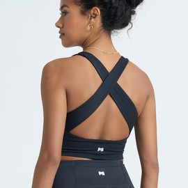 POPSUGAR Tank Workout Tops for Women Built in Bra Padded Removable Cups, Shirred Criss Cross Longline Sports Bra Yoga Top Black Night, XSmall