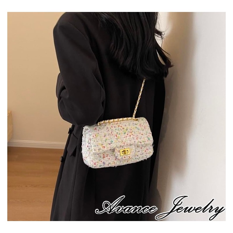 AVANCE Women's Tweed Chain Shoulder Bag, Crossbody Bag, White, Green,