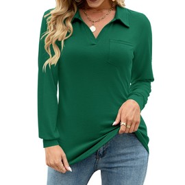 Women's Long Sleeve Polo Shirts V Neck Collared Work Tops Business Casual Tunic Blouse Pocket Green M