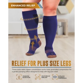 Doctor's Select Copper Plus Size Compression Socks Wide Calf - 2 Pairs | 20-30mmHg Extra Wide Calf Compression Socks Women | Wide Calf Compression Socks Women Plus Size | Copper Compression Socks Plus Size for Traveling & Running | Gray & Navy