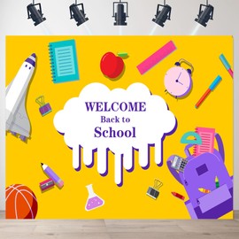 CGXINS 7 * 5FT Yellow Welcome Back to School Themed Backdrops for Photoshoot Slime Cloud First Day of School Classroom Party Banner Cute Cartoon School Supplies Space Shuttle Decoration Background