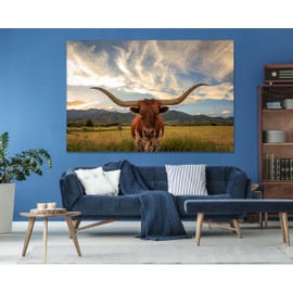 Texas Longhorn Cow Canvas Wall Art - Framed Animal Print Home Decor Wall Art - Farmhouse and Wild West Decor - Small to Extra Large (Texas Longhorn at Sunset, 36x24 Inches)