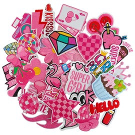 GYGYL 45pcs Iron on Patches for Girls, Pink Preppy Embroidered Patches for Clothes, Backpack, Jackets, Jeans, Shirt DIY Crafts