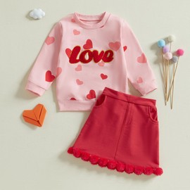 JLKGICF Toddler Girl Valentines Day Outfits Letter Heart Print T-Shirt A-Line Mini Skirts Dress Girls Valentine's Day Dresses (Red, 4-5T)