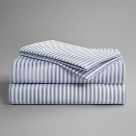 Peru Pima 415 Thread Count Percal Queen Sheet Set - 100% Peruvian Pima Cotton, 4 Piece (Flat, Fitted, 2 Pillowcases) - Cooling, Crisp, Deep Pocket, Hotel Quality Bedding - Nautical Stripe Blue