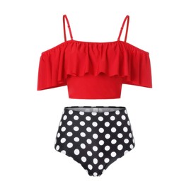 Kaei&Shi Strapless,Strappy Swimwear,Polka Dot High Waisted Flounce Bikini Set,Tummy Control Swimsuits for Women,Off Shoulder Bathing Suit Red Large