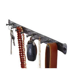 BOSKY Decorative Wall Mounted Key Rack with 8 Hooks – Rustic Handmade Engraved Iron Hanger Vintage Organizer for Keys Clothes Hats ~ (15", Antique Silver)