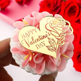 AiQi Bakes 24pcs Rose Carving Gold Mirror Acrylic Heart Shape Happy Valentine's Day Cupcake Decorations, Valentine's Day Cake Party Supplies Gifts