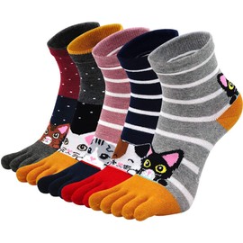 Womens Toe Socks Ladies Five Finger Cotton Sport Socks, Womens Funny Cute Cat Animal Socks Ladies Novelty Socks with Toe, 5 Pairs