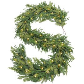 9 Ft by 10 Inch Real Touch Norfolk Pine Garland, Prelit Christmas Garland with Lights Timer 180 Pine Cypress Tips, Cedar Garland Artificial Realistic Soft Thickness Greenery Garlands for Mantle Home