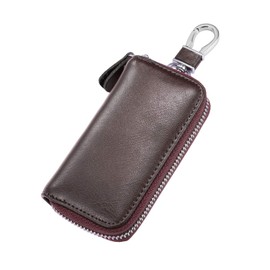 BAKUN Compact Zipper Leather Car Key Case, Key and Card Holder Key Organizer Wallet, with 6 Hooks(Brown)