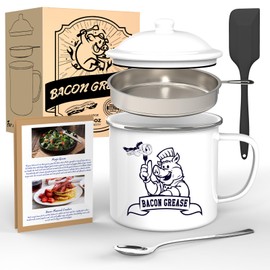 46OZ Bacon Grease Container with Strainer - With Food-Grade Silicone Spatula and Spoon, Farmhouse Enamel Bacon Grease Saver, Fat Keeper, Recipes, Dishwasher Safe