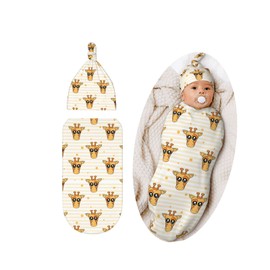 Cute Cartoon Giraffe Baby Stuff Swaddle Blanket Hat Set for Boys Girls, Soft Newborn Sleeping Sack Receiving Blanket Shower Gift