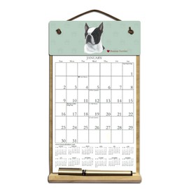 Small 7" x 12" Wooden Refillable Dog Calendar Holder Filled with a 2026 Calendar and Includes an Order Form Page for 2027-BOSTON Terrier