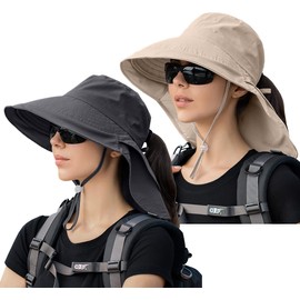 29 IYEBRAO Pack of 2 Women's Sun Hat with Neck Protection UV Protection Wide Brim Ponytail Summer Hat UPF 50 Adjustable Beach Fishing Hat Fishing Hat Garden Outdoor Hat, 2 pieces-dark grey & beige
