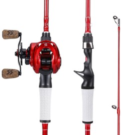 One Bass Spirit Flame Fishing Rod Reel Combo, Spinning & Baitcasting Fishing Pole with Graphite 2Pc Blanks, Stainless Steel Guides-6'6" Casting Red - Left Handed