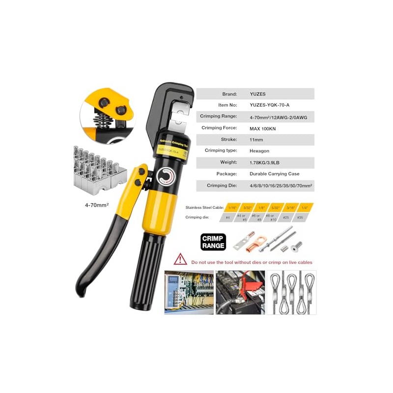 YUZES Hydraulic Crimping Tool 10 Tons, 12 AWG to 2/0
