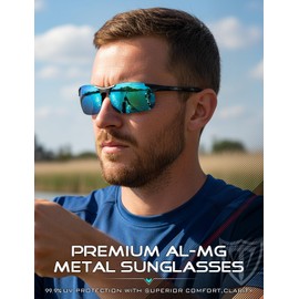 ATTCL Polarized Sunglasses for Men Sports: UV Protection Anti Glare Wrap Around Lightweight Metal Sun Glasses Driving Fishing Golf Running 8177 black-blue