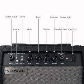 Electric Guitar Amplifier 20W Black Portable Smart amp 6.5'' Speaker 6.5mm Input 3.5mm aux Drive gain bass Treble Volume and Headphone Jack Practice amp