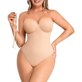SHAPELLX Shapewear Tummy Control Bodysuit for Women Snatched Waist Body Suit Strapless Body Shaper Built-in Bra Beige M